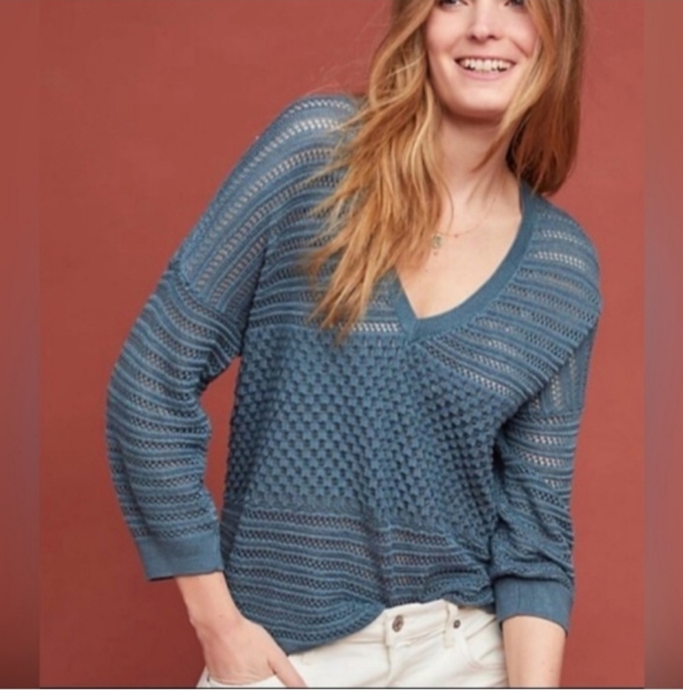Anthropologie Sunday in Brooklyn Sweater Teal Open Knit Hi-Low V-neck Oversize
